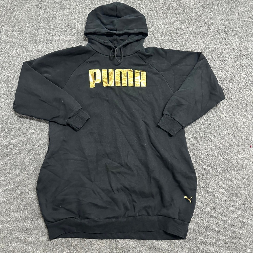 Puma Hoodie Dress Womens Size L Black Gold Foil Logo Sweatshirt Pullover
